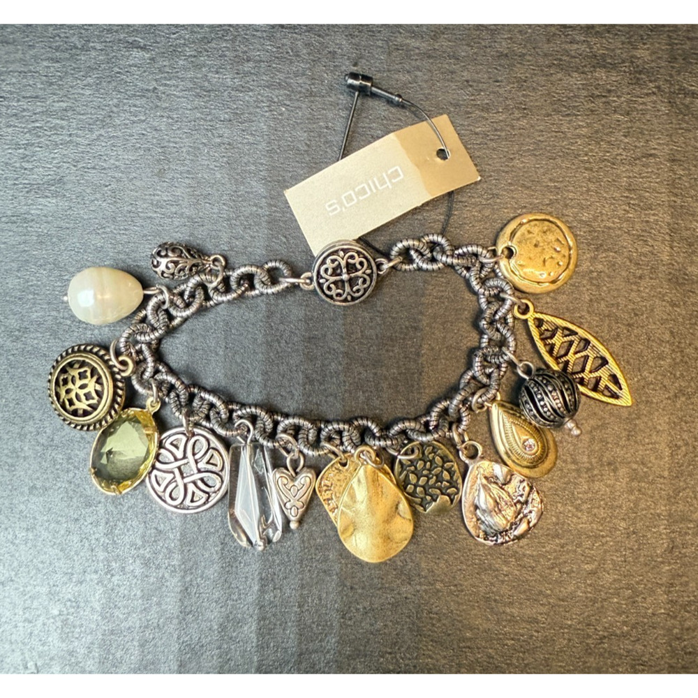 Chico's Charm Bracelet Faux Pearl Gold Tone Magnetic Closure NWT
